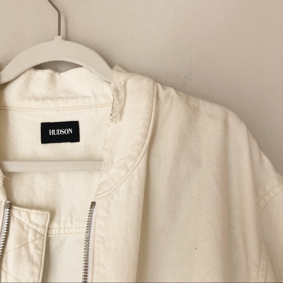 Hudson Cream Distressed Zip Up Bomber Denim Jacket Size XL - Picture 6 of 7